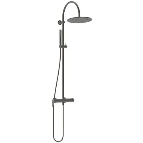 Duschsystem in edlem Grau mit festem Brausekopf und Handbrause von Ideal Standard, in vertikaler Anordnung montiert, klare Linienführung.